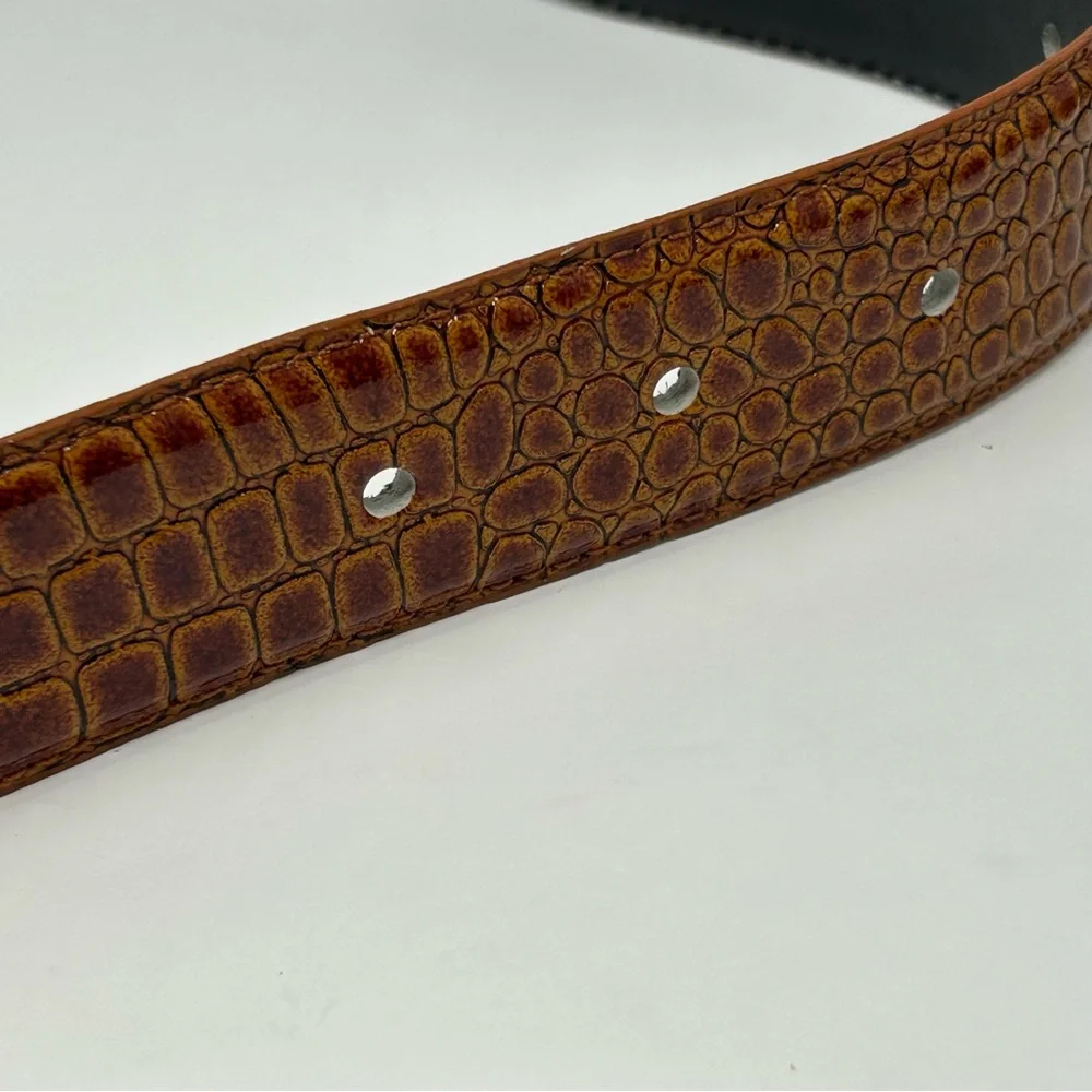 Vintage Pierre Cardin Logo Belt Croc Embossed Brown Leather Gold‎ Buckle Size L